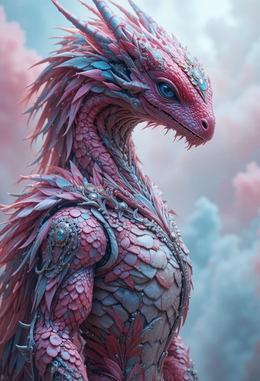 Ibrido di wyvern cremisi fiabesco in ritratto fantasy pastello
