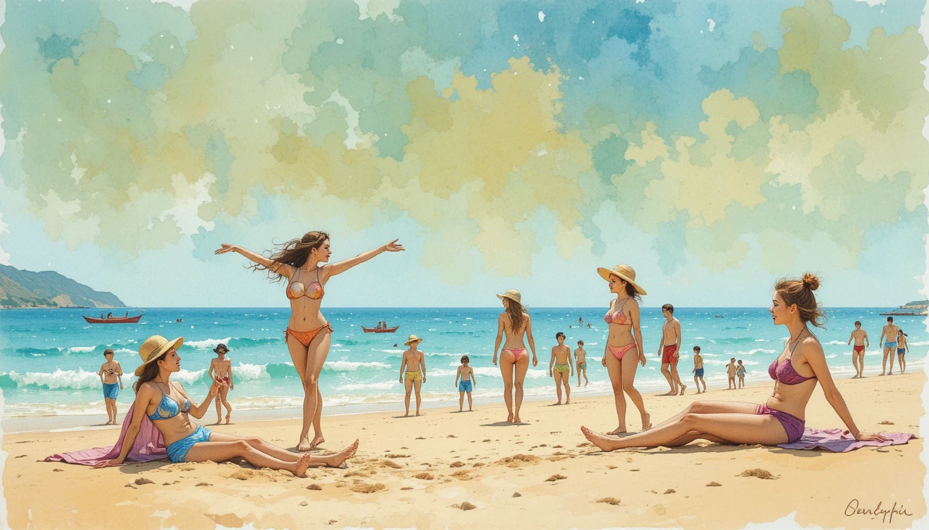 Fröhliche Aquarell-Strandszene mit verspielten Urlaubcharakteren