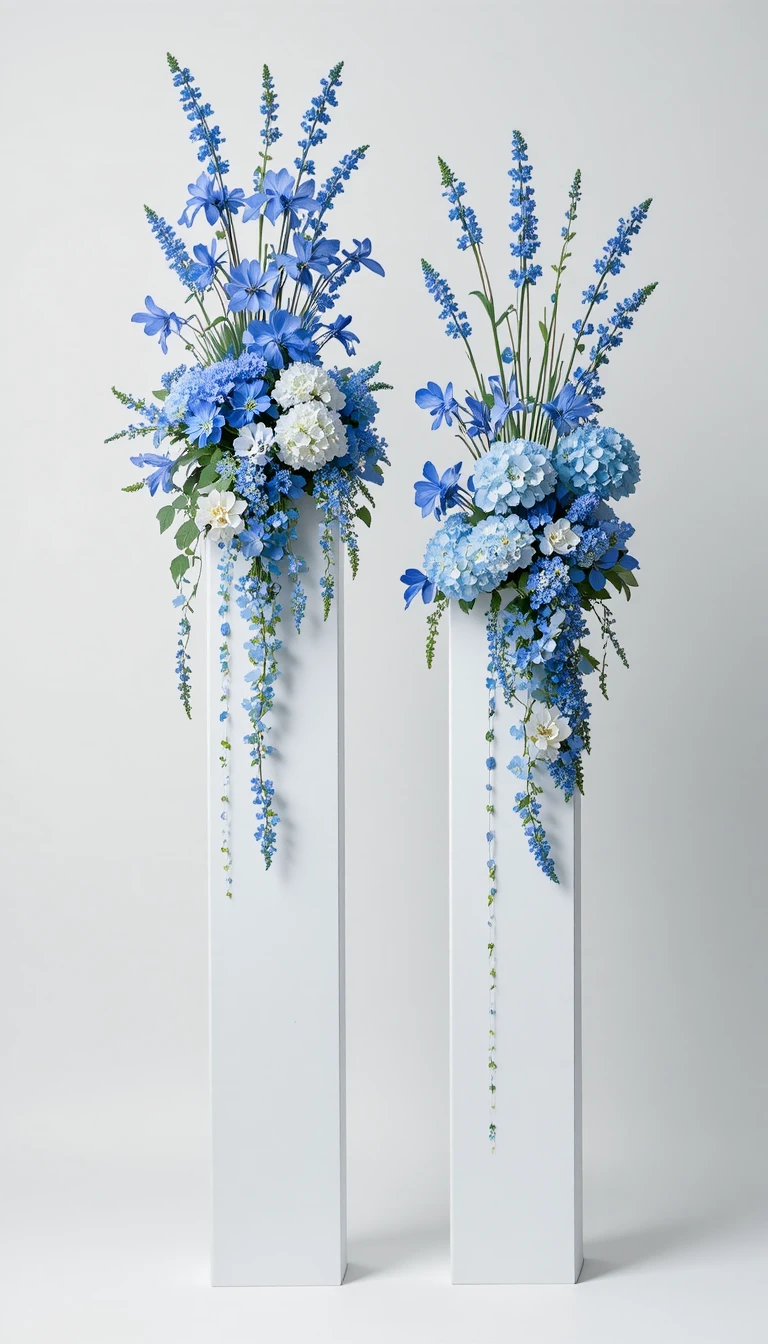 Tall floral arrangements on white pedestals with blue blossoms