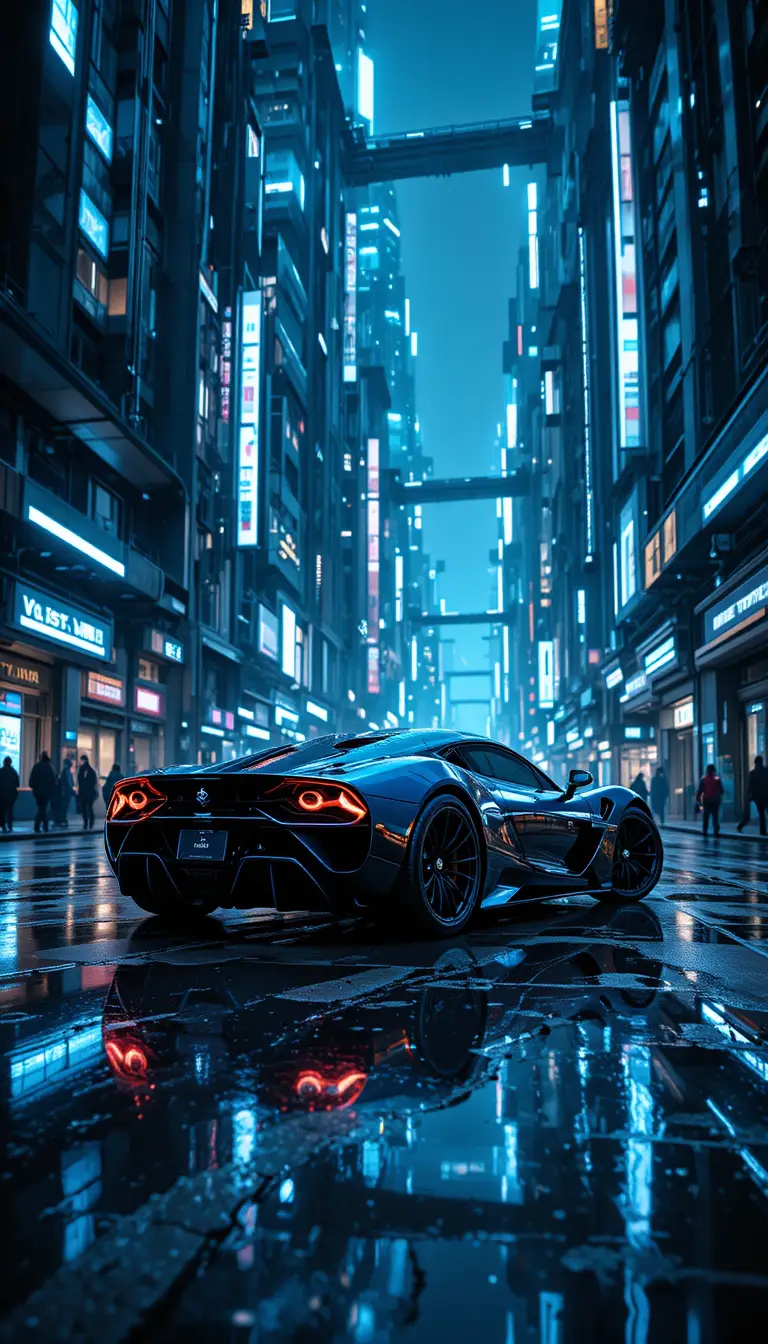 Futuristischer Hypercar in einer neonbeleuchteten Cyberpunk-Stadtschlucht