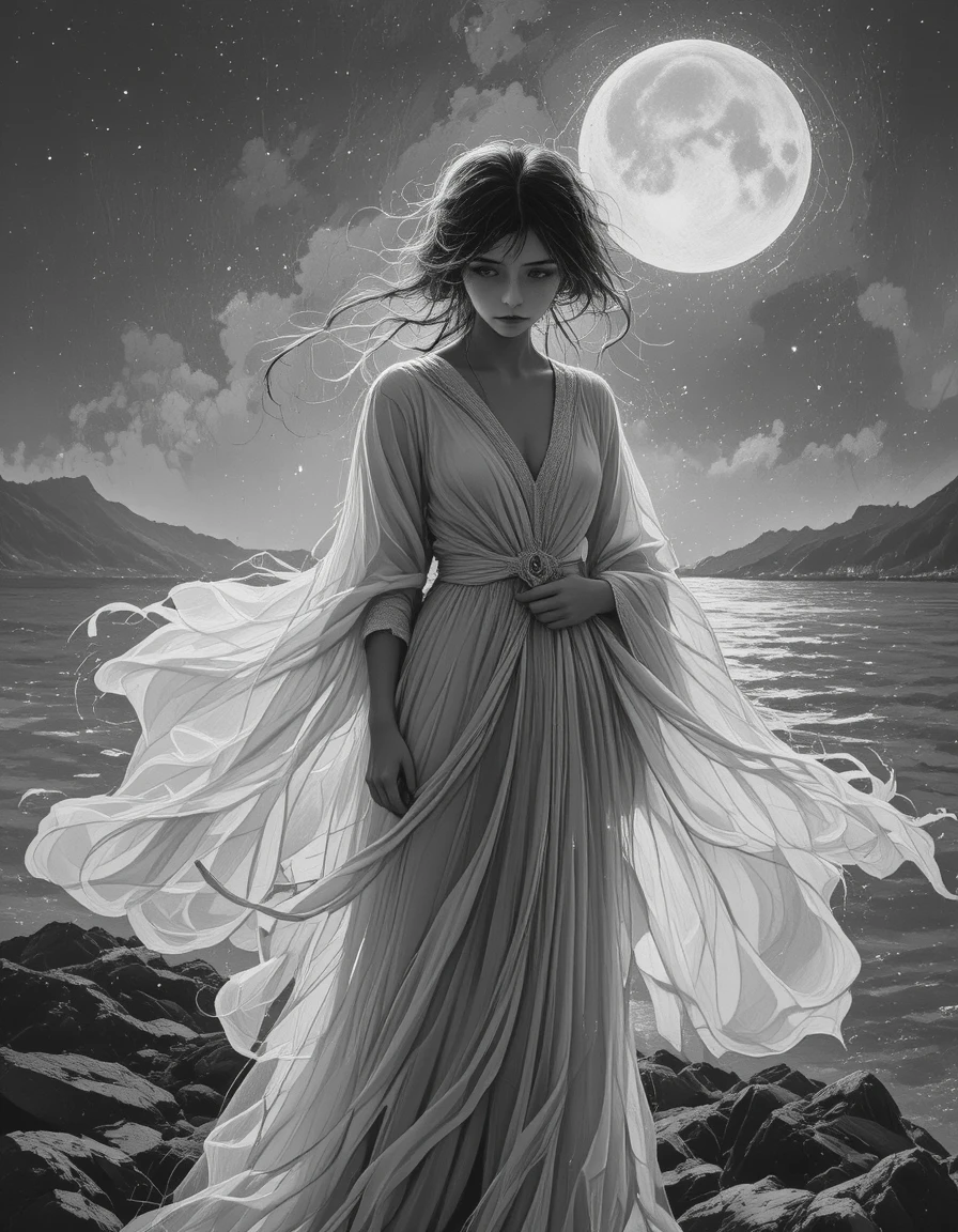 Young woman on a moonlit rocky shore in etching style