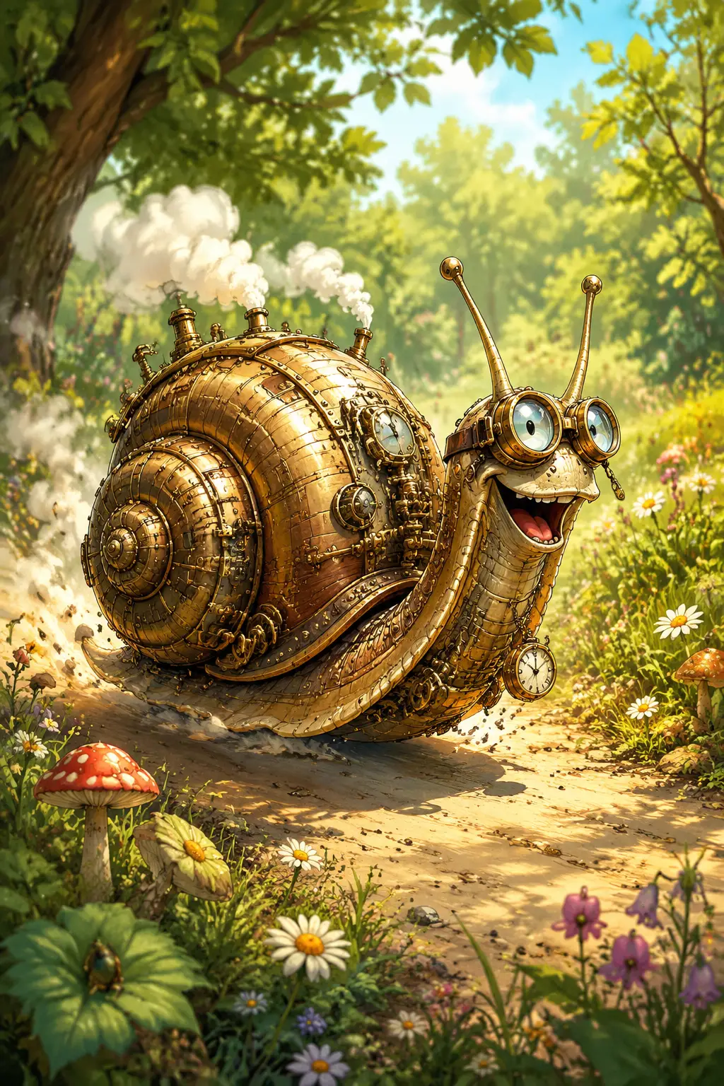 Chioccola steampunk giocosa che sfreccia lungo un soleggiato sentiero nel bosco