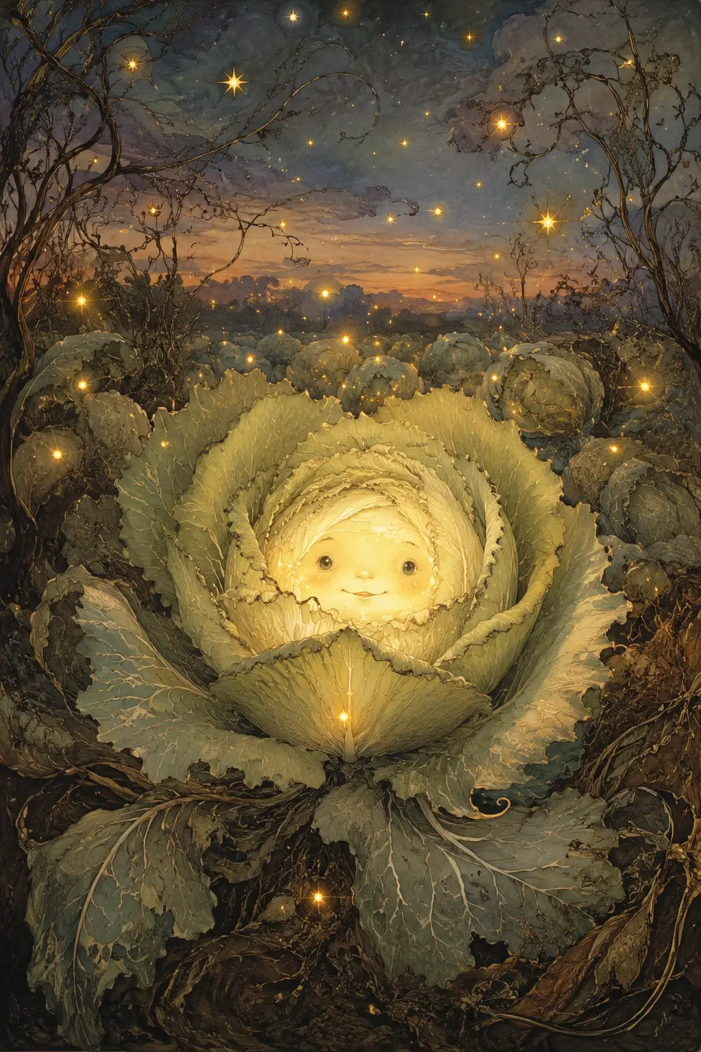 Personaje de repollo mágico y brillante en un campo al crepúsculo