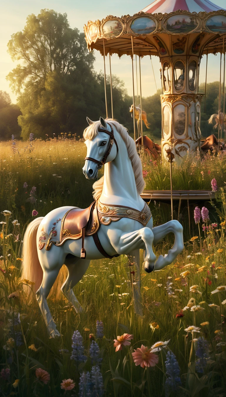 Cheval de carrousel solitaire dans une prairie ensoleillée au crépuscule