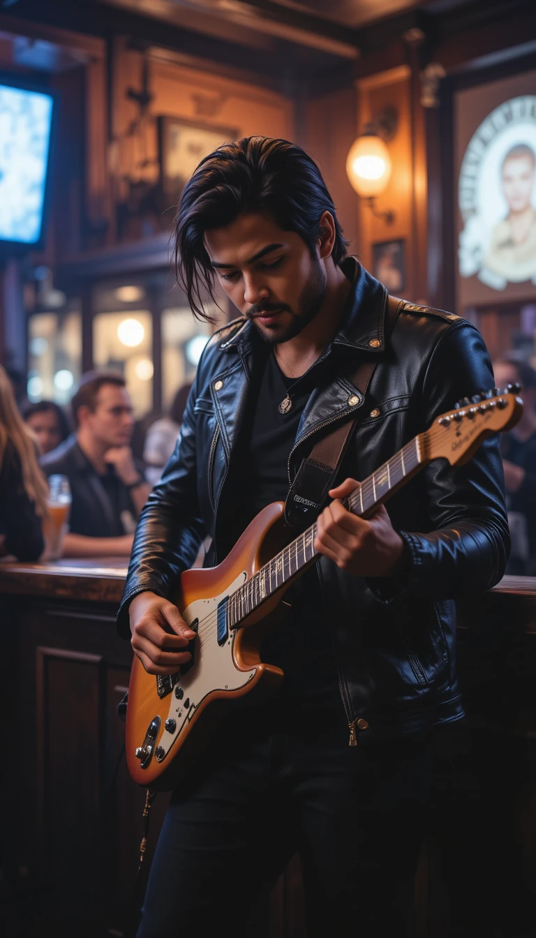 Guitarrista concentrado de couro preto tocando em um bar