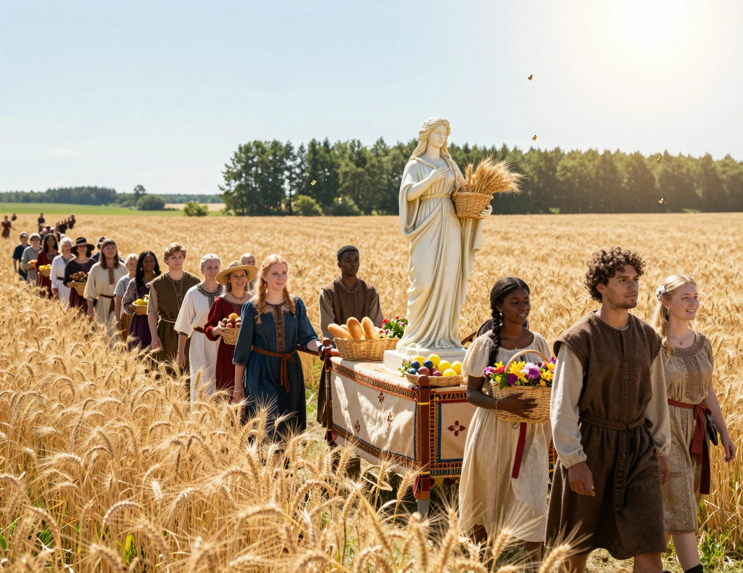 Procissão festiva por campos de trigo banhados de sol com estátua de deusa