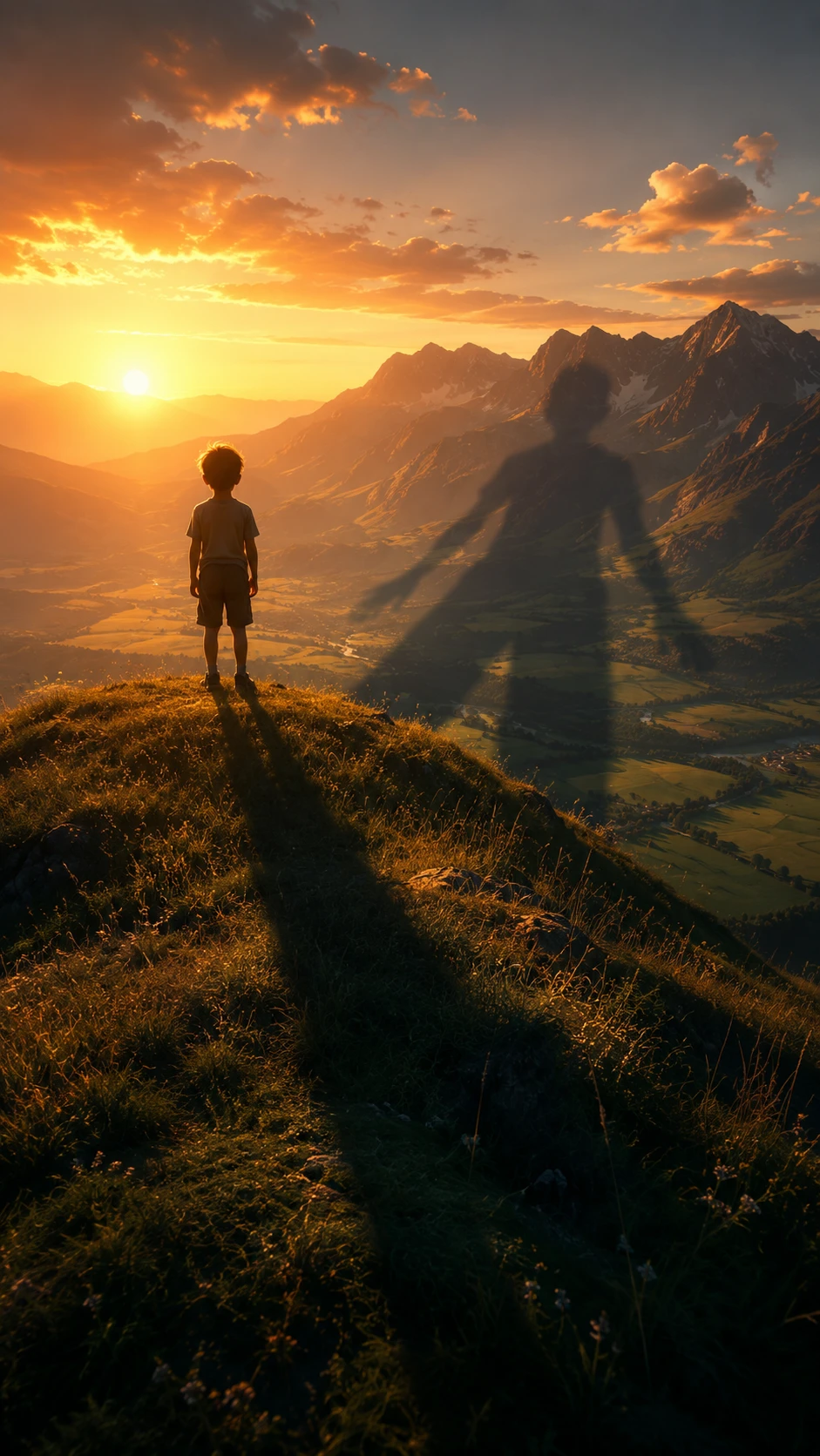 Child on sunset hill casting a giant mountain shadow