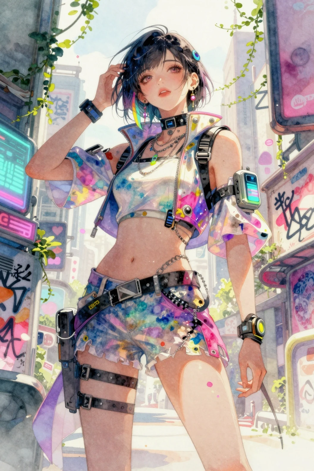 Mulher cyberpunk em rua de cidade aquarelada banhada pelo sol