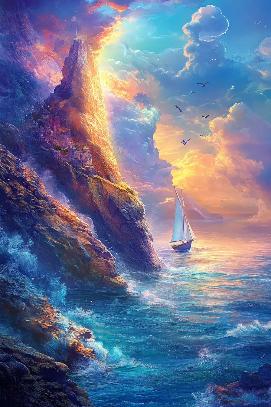 Fantasiehafte nautische Traumlandschaft in lebendigen Pastellfarben