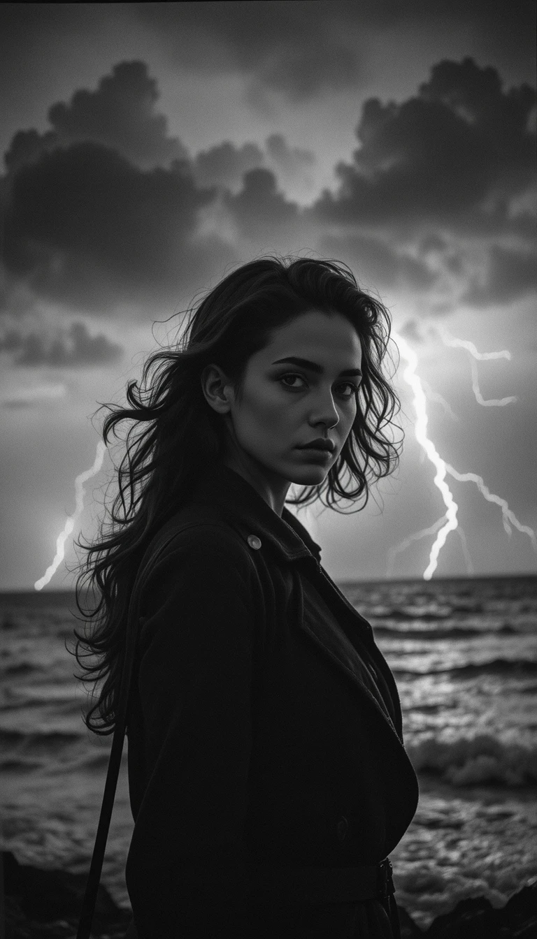 Mulher diante de mar tempestuoso em retrato noir em close