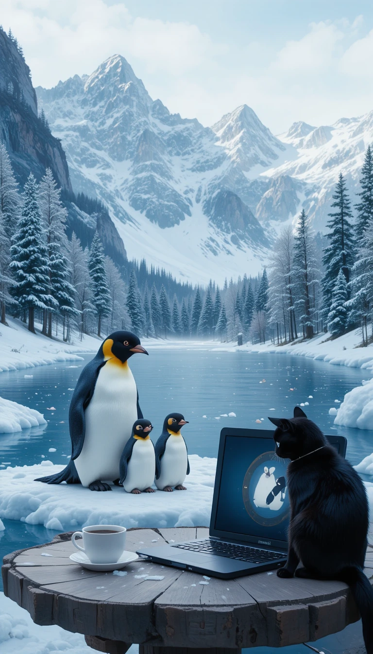 Famiglia di pinguini su un lago innevato in una foresta invernale