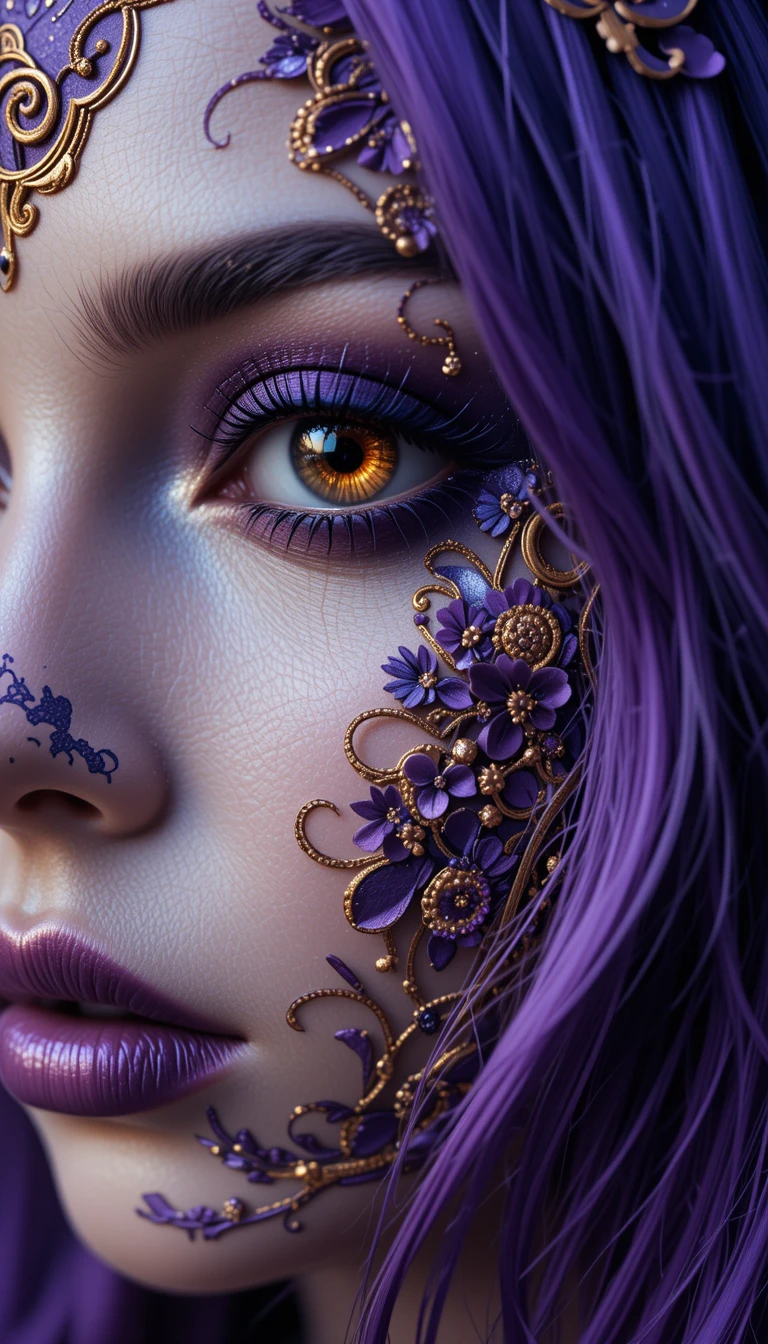 Extreme macro portrait of a gothic woman with floral makeup