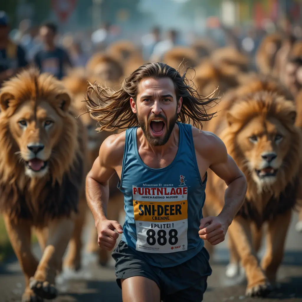 Scared man running a marathon chased by lions