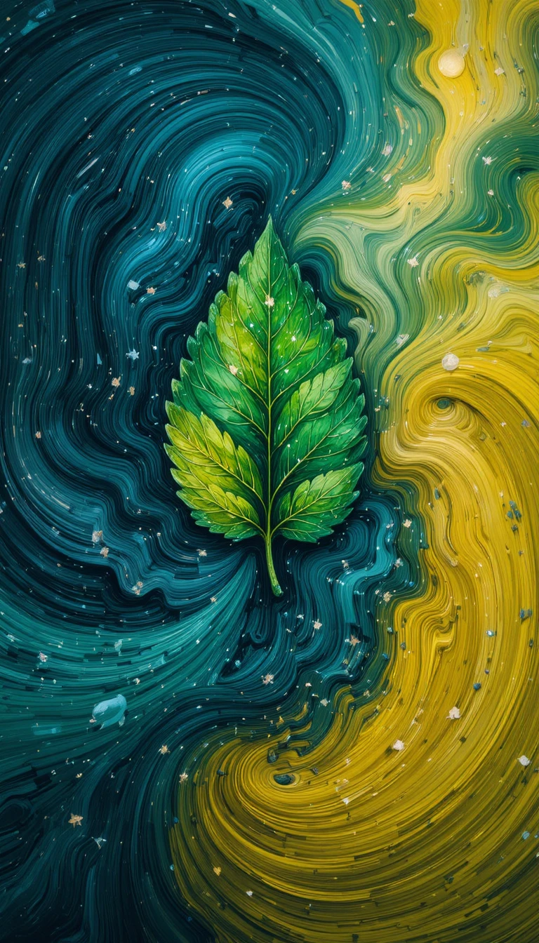 Folha impressionista brilhando com energia de fotossíntese em espiral