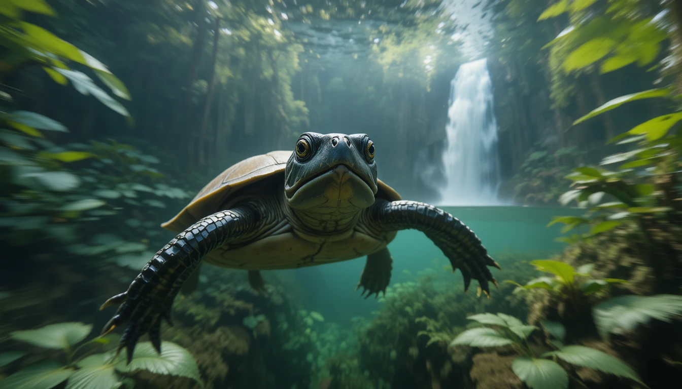 Amazonas-Flussschildkröte schwimmt unter Wasser im sanften Morgenlicht