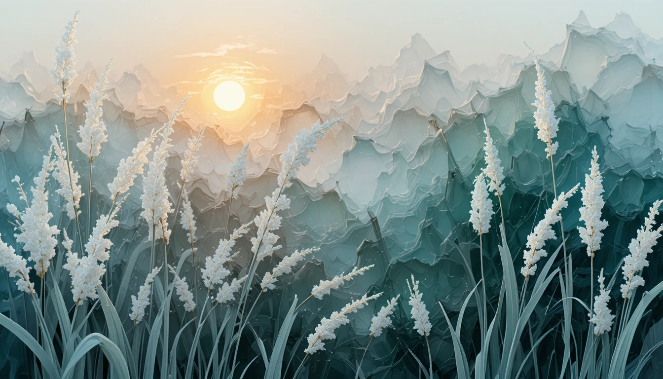 Minimale weiße Schilfhalme in einer abstrakten azurblauen Landschaft