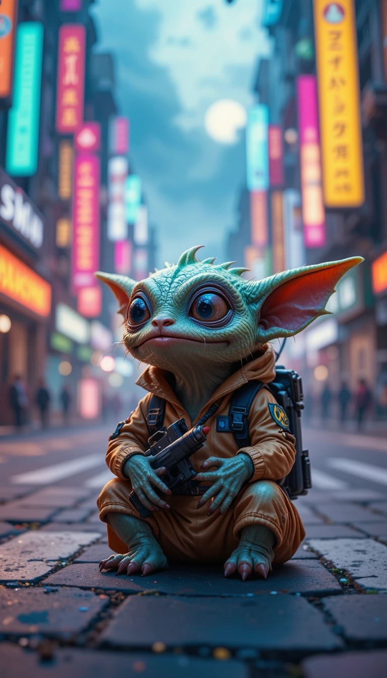 魔法の街の交差点にいる小さくてかわいいモンスター