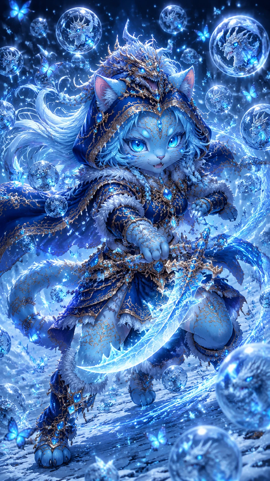Guerrier félin de glace anthropomorphe en pose de combat dynamique
