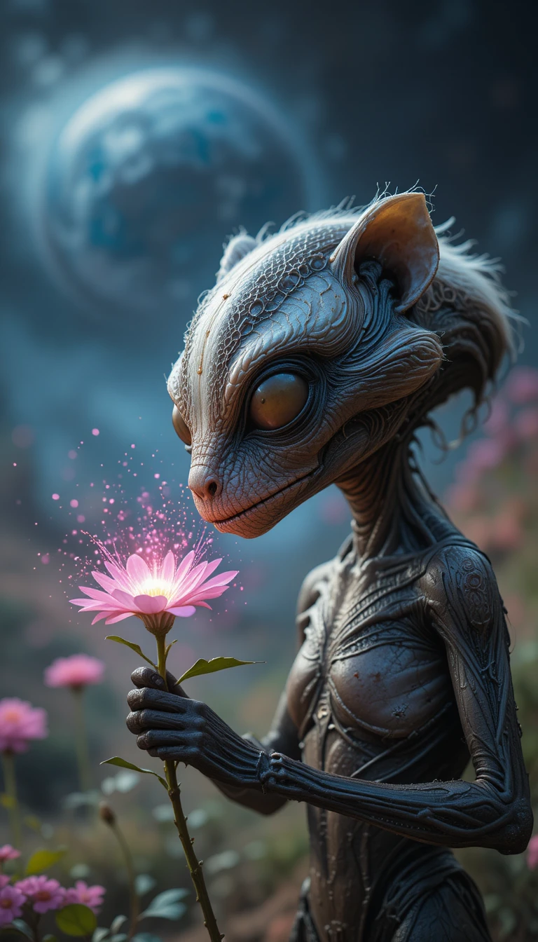 Texugo alienígena cheira uma flor mágica brilhante em um mundo distante