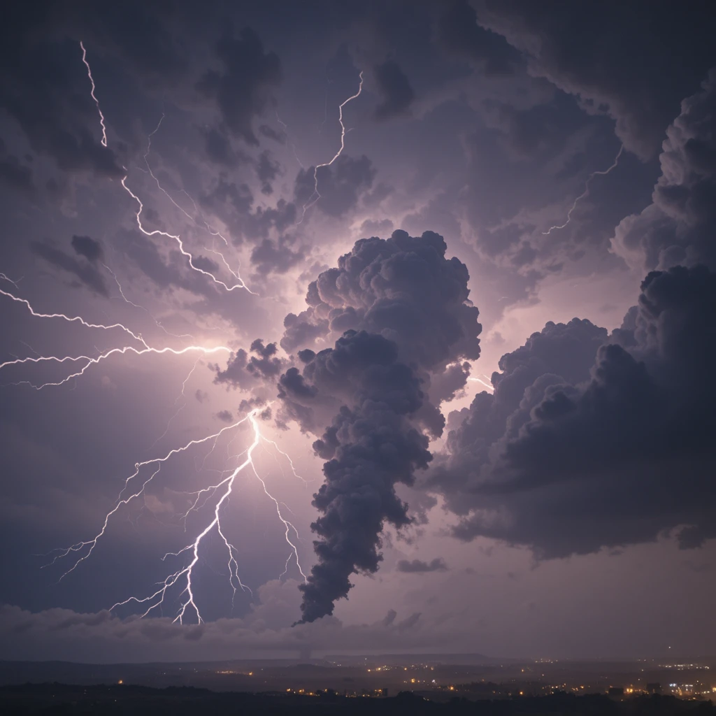 Nuvens de tempestade escuras com relâmpagos e luzes estranhas ao longe