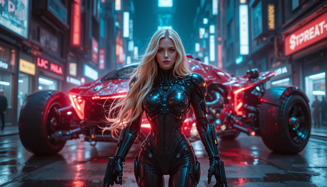 Guerriera cyborg in una strada futuristica illuminata al neon
