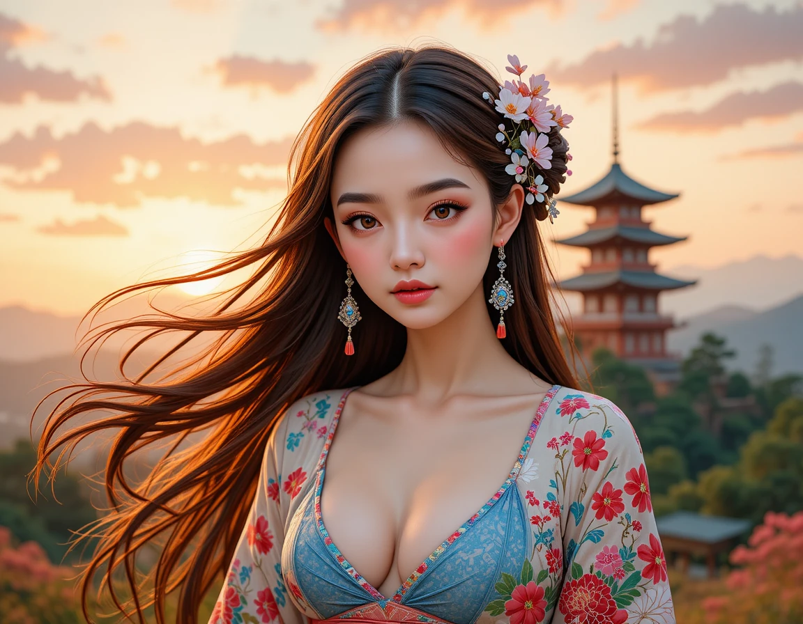 Young woman in floral kimono before a sunset pagoda