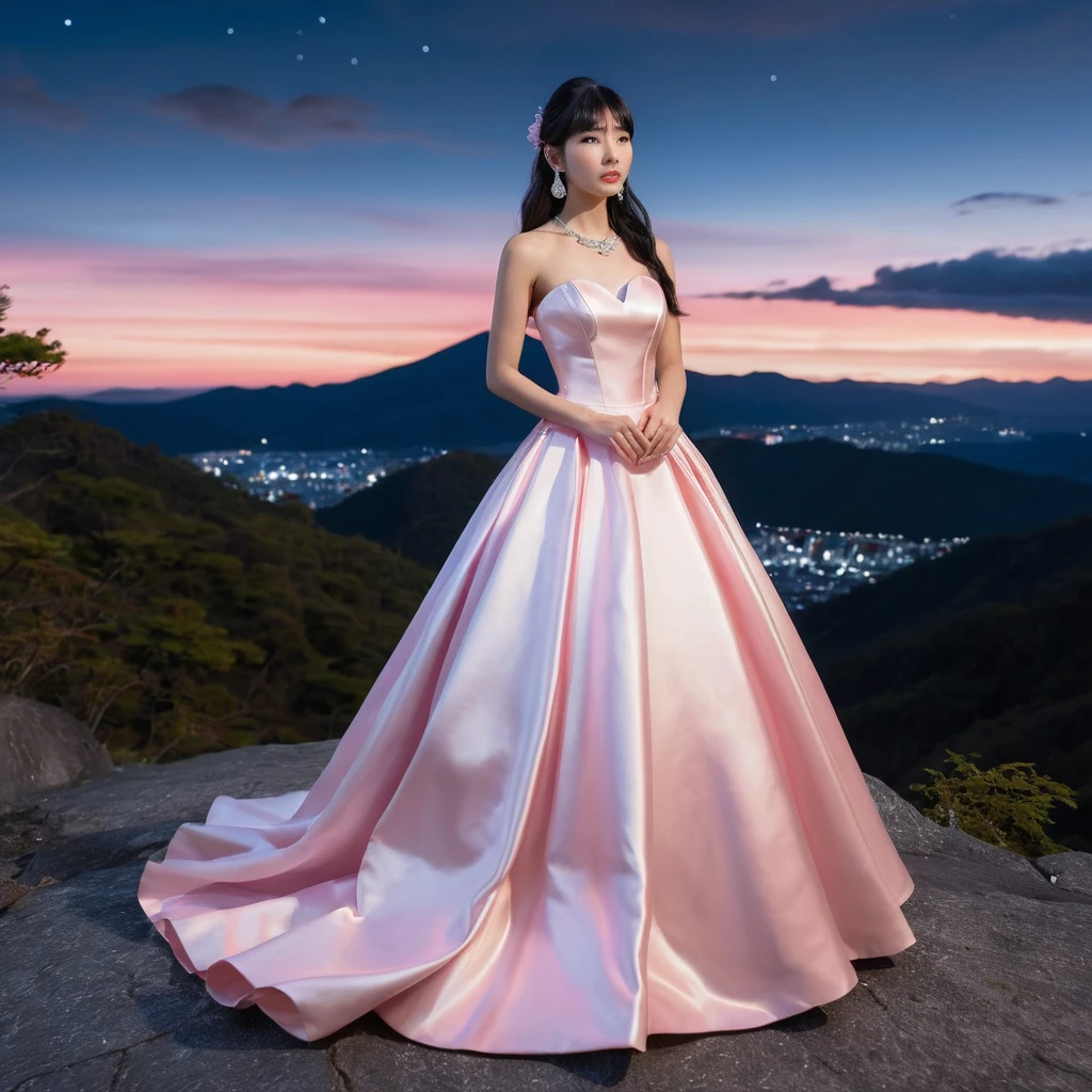 Elegante Frau im rosa Satinkleid auf einem nächtlichen Berg