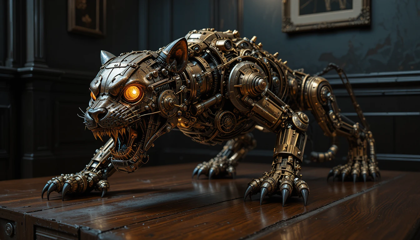 Steampunk mechanical panther with glowing orange eyes