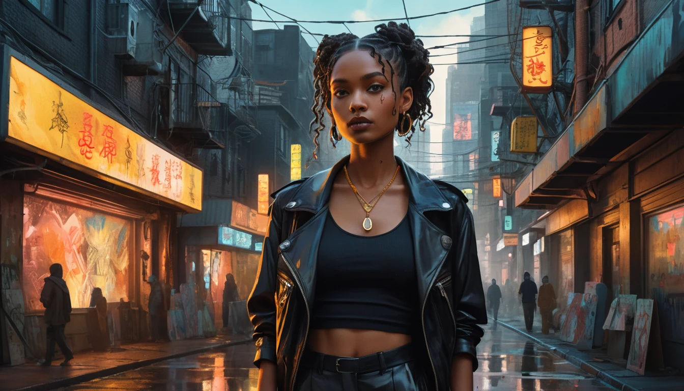 Mulher summerpunk confiante em uma cidade futurista brilhante