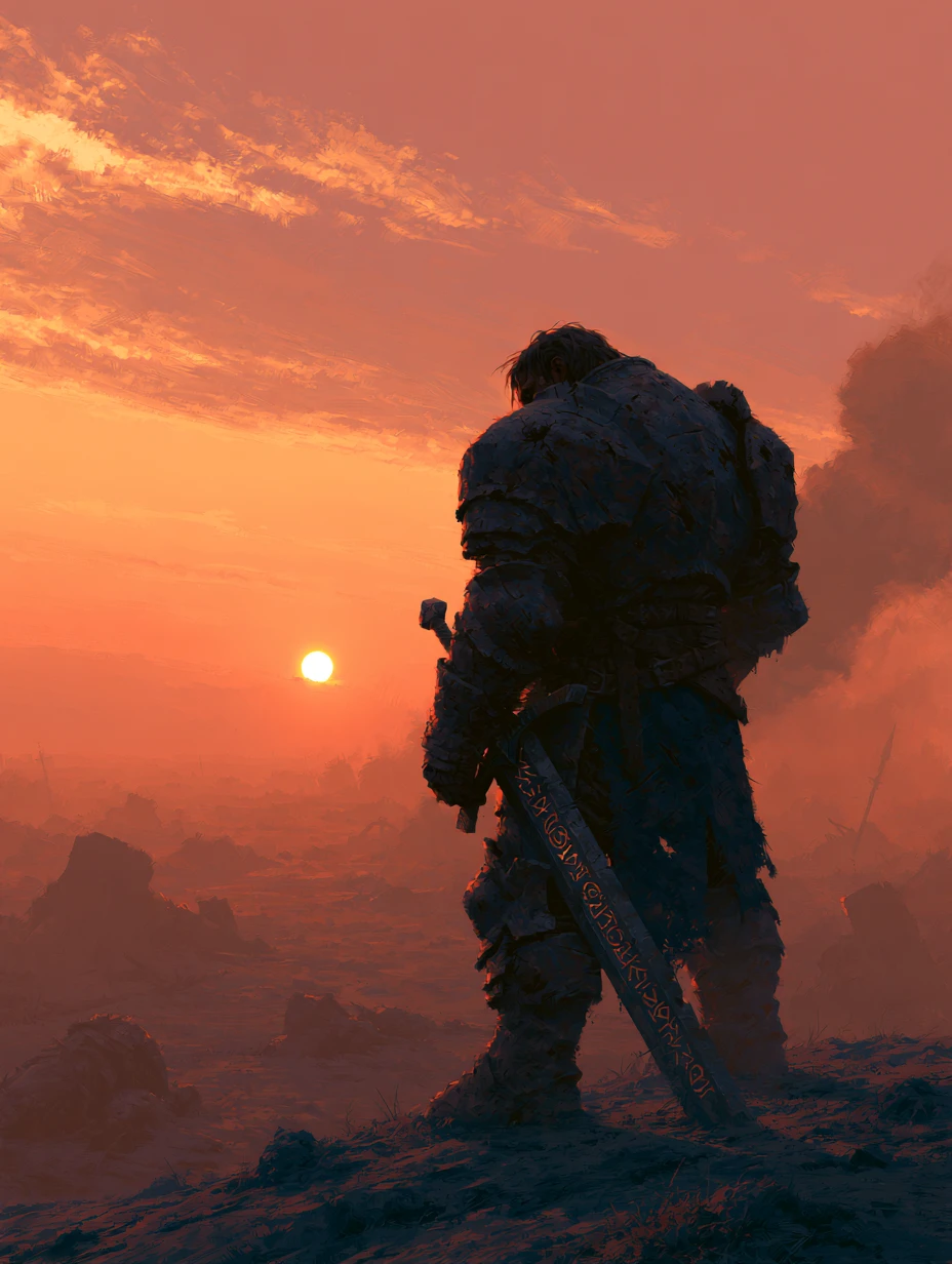 Paladin marqué par la bataille, debout et victorieux au coucher de soleil enflammé