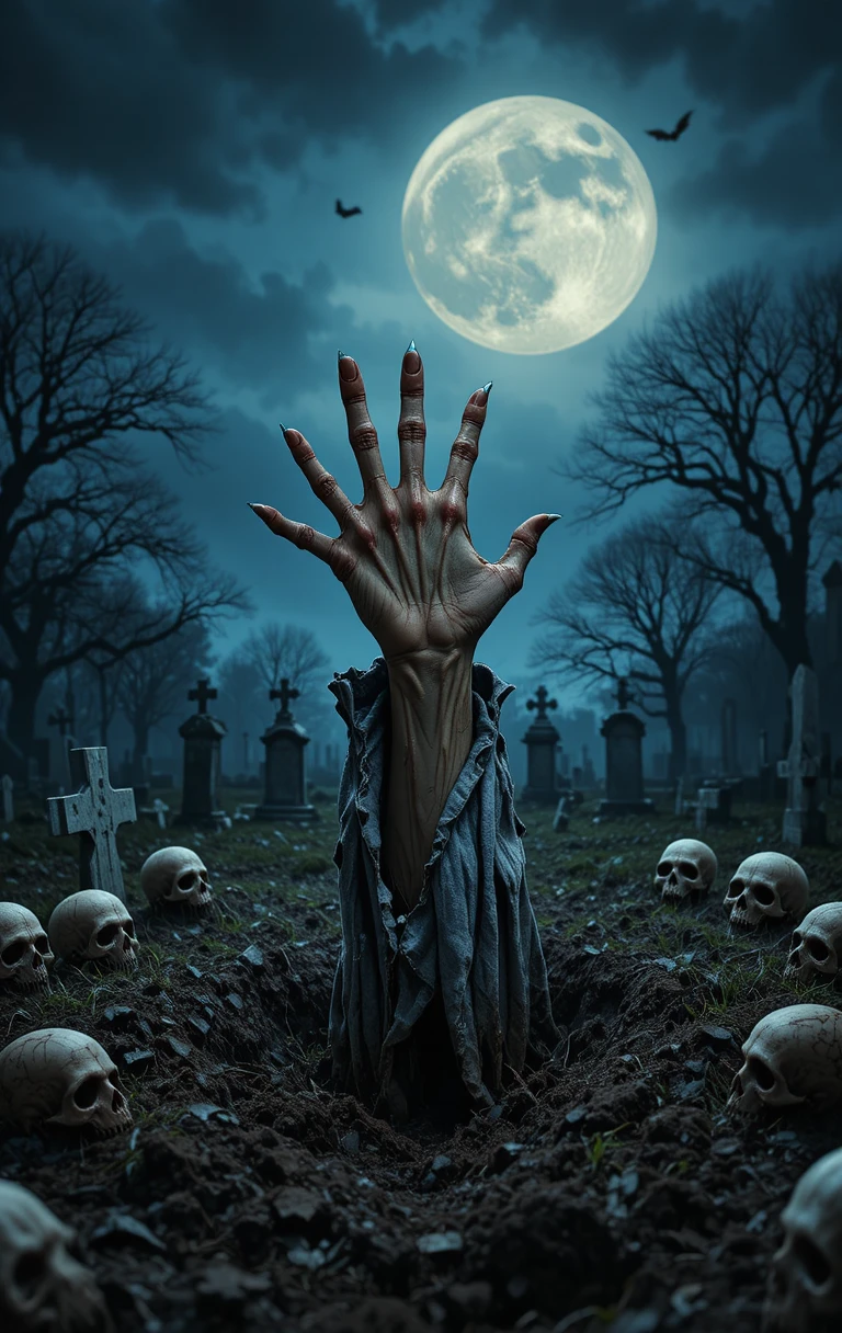Main de zombie surgissant d’une tombe sous une pleine lune inquiétante