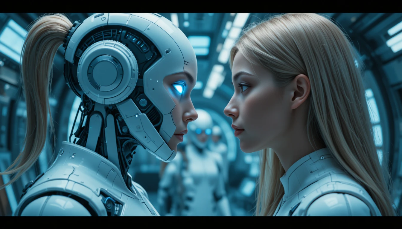 Donna umana di fronte a robot umanoide in un corridoio fantascientifico