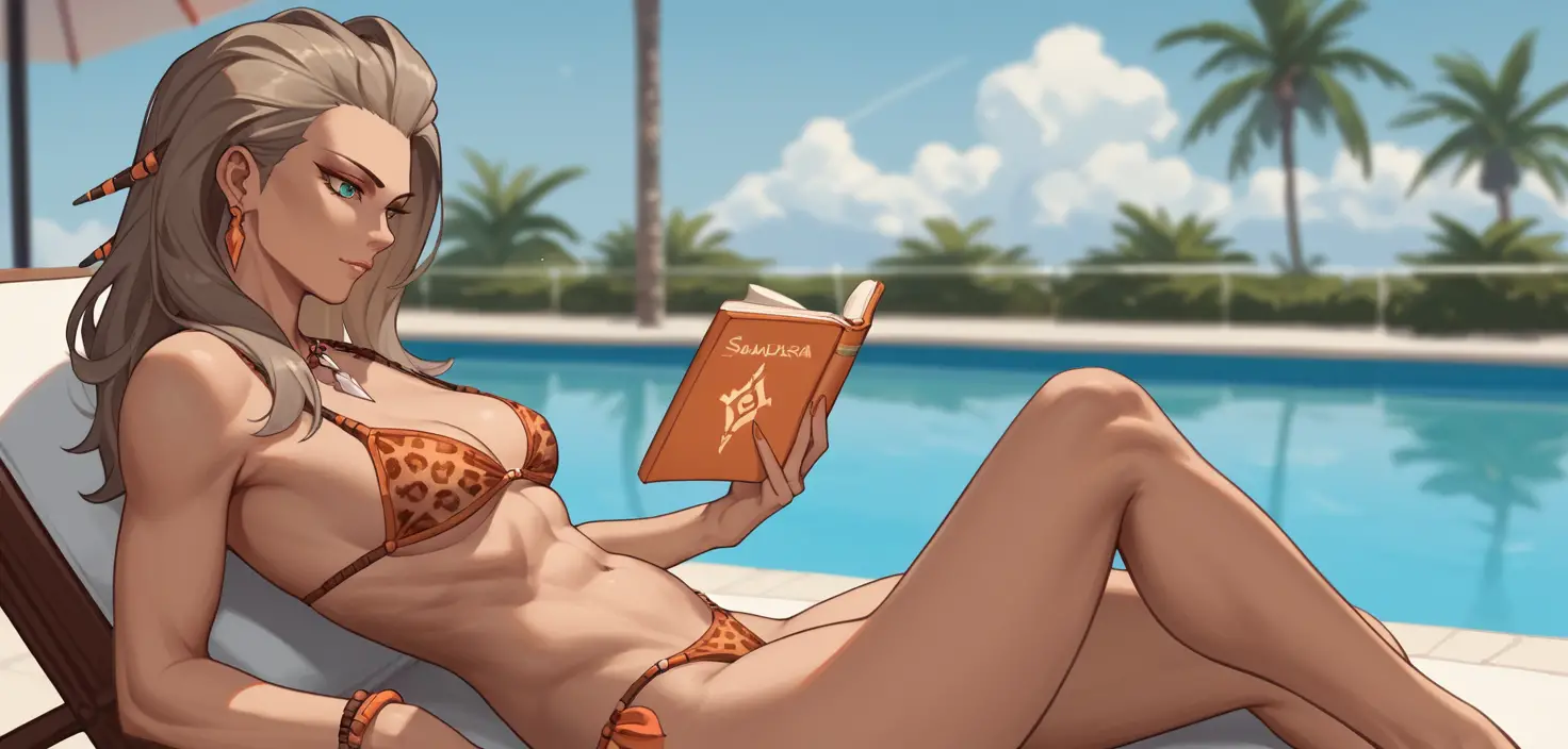 Woman in leopard bikini reading by the poolside