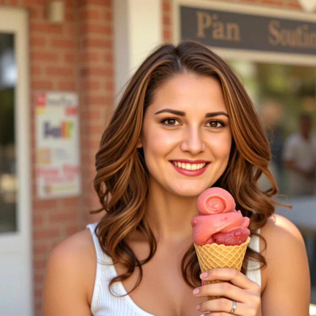 Giovane donna che gusta un gelato in una mattina d’estate