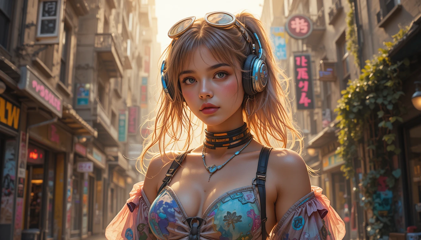 Summerpunk woman in a glowing futuristic urban city