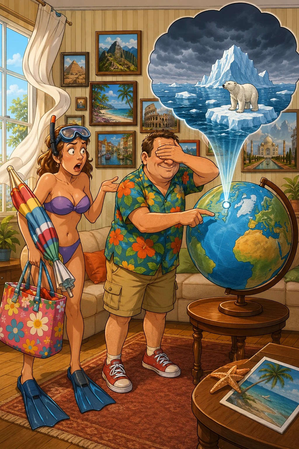 Casal em desenho animado escolhendo um destino de férias frio em casa