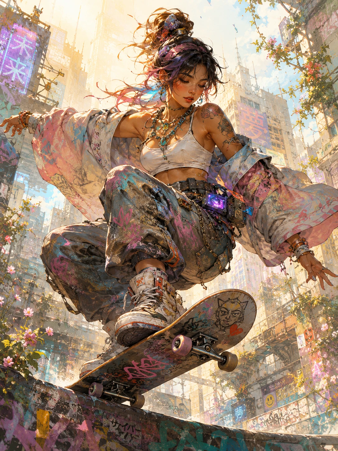 Mulher cyberpunk pulando de skate à luz do sol