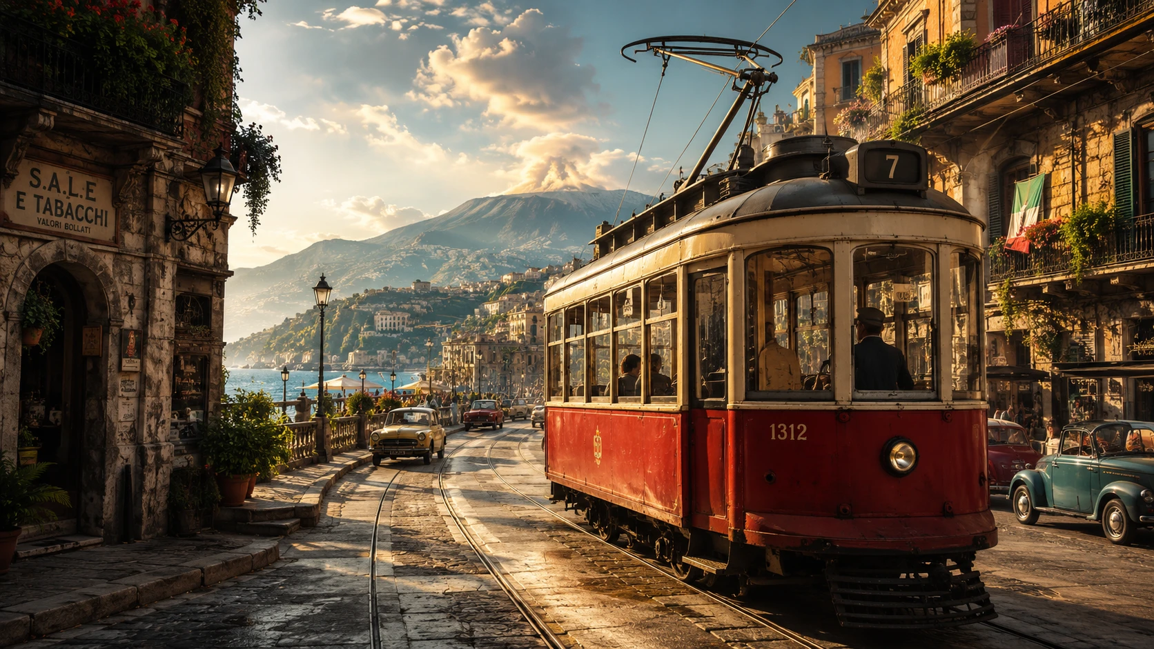 Vieux tramway rouge sur un paisible boulevard d’une ville italienne