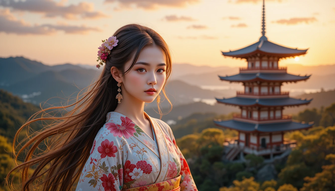 Joven con kimono floral frente a pagoda al atardecer