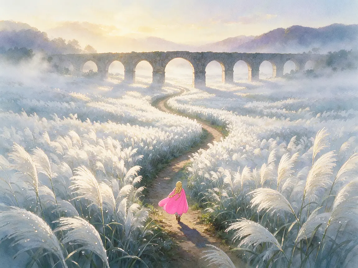 Anime traveler walking through tall dawn grass valley