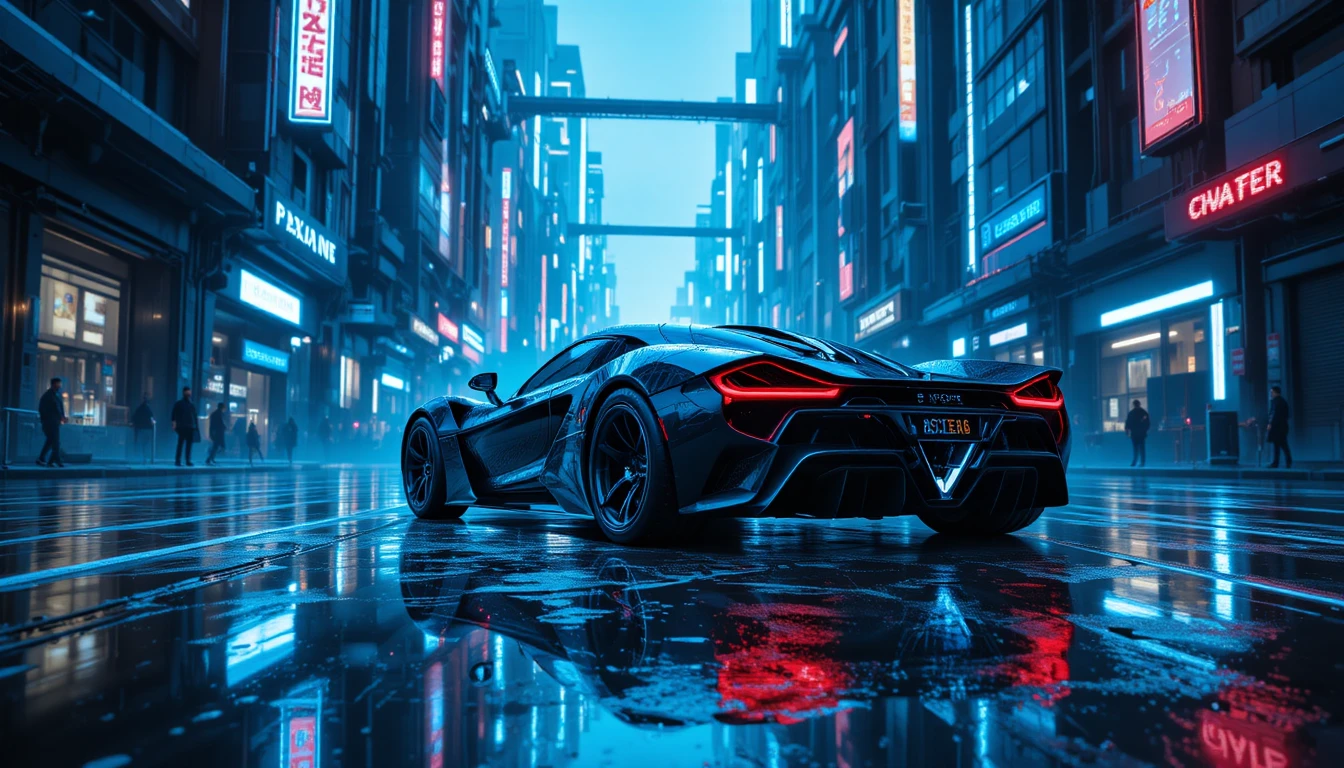 Hipercarro futurista em rua de cidade sci‑fi iluminada por néon