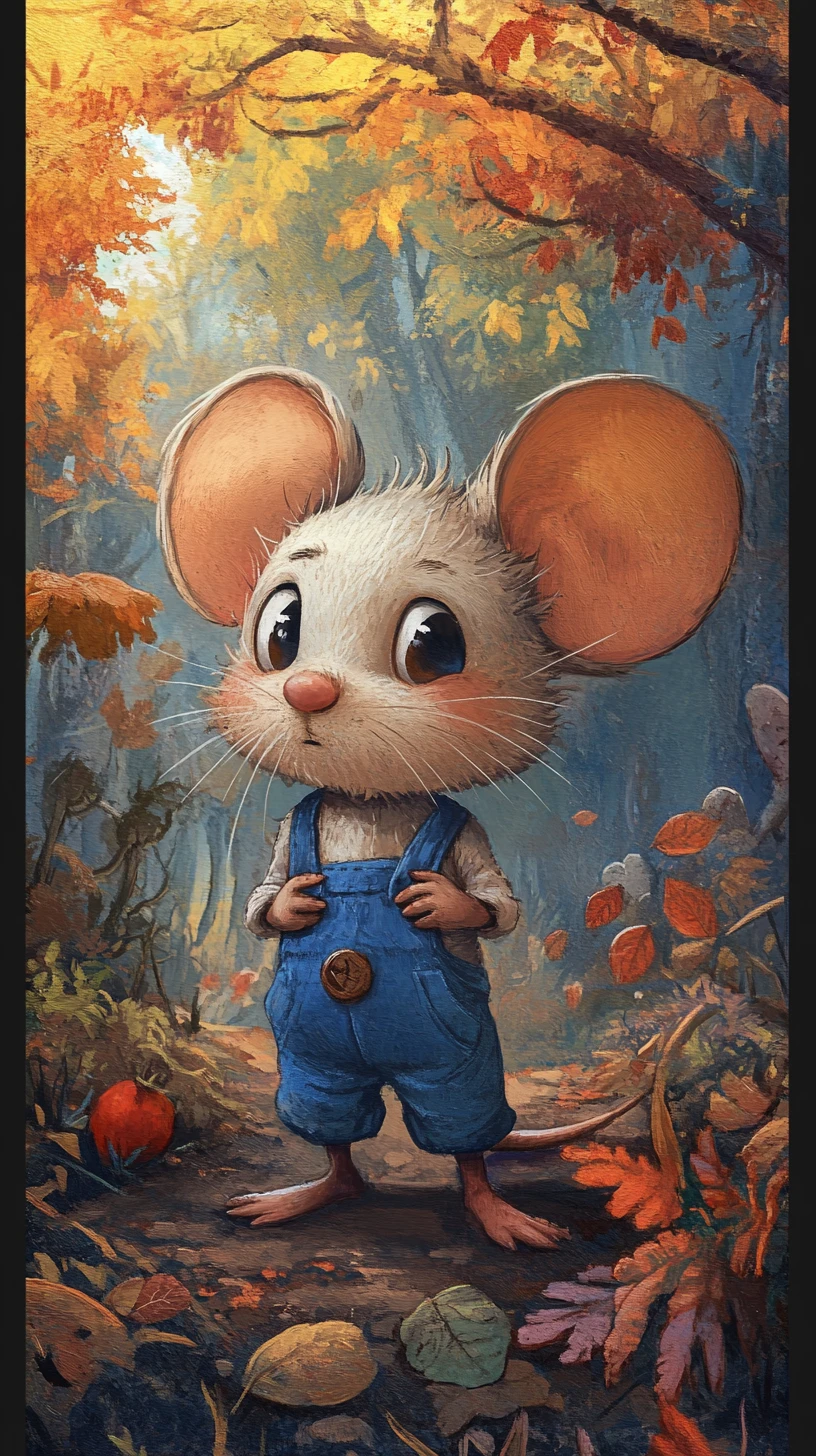 Sad cartoon mouse in blue dungarees in colorful forest