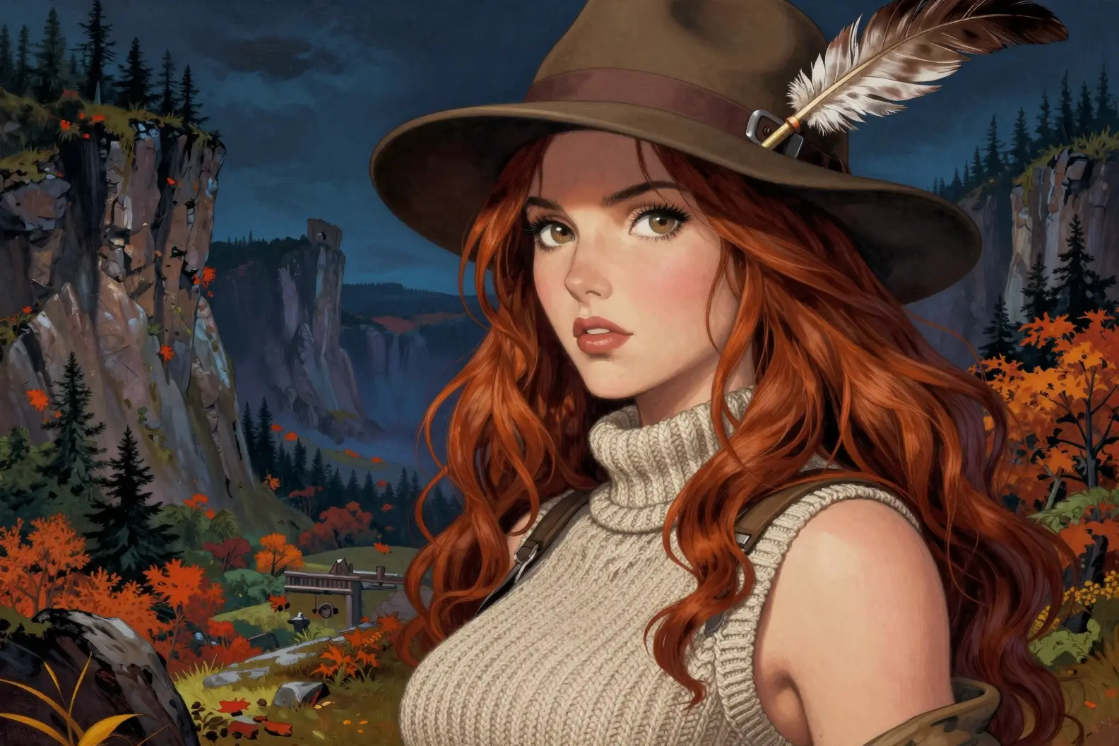 Autumn fantasy woman on cliffside at night in profile
