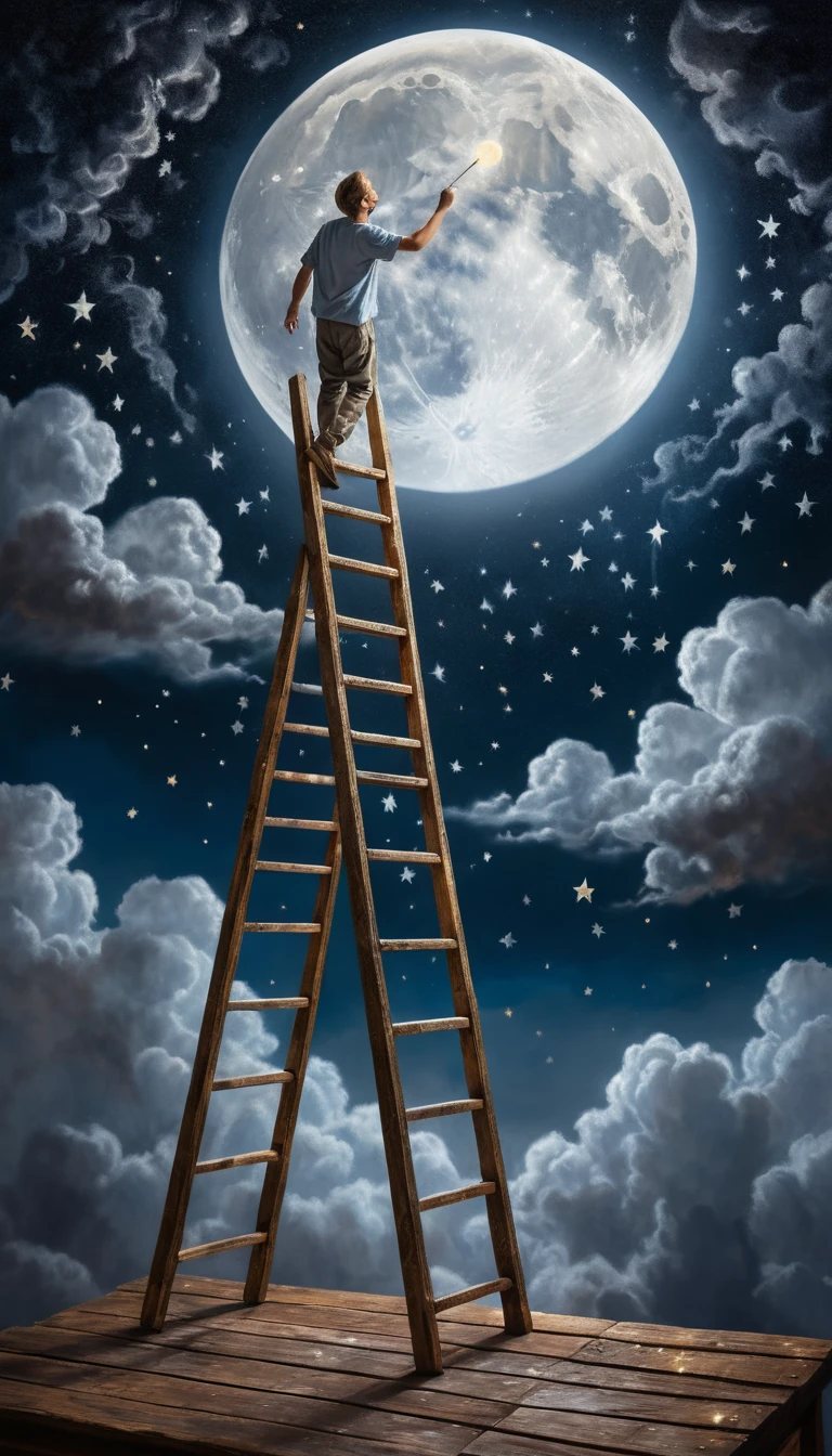 Artist On Ladder Repainting The Moon In A Starry Sky