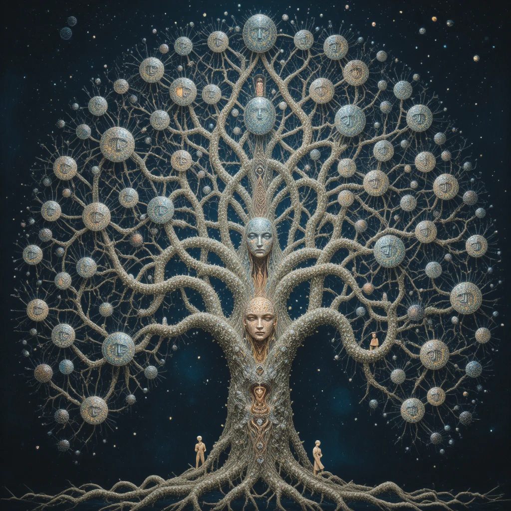 Albero genealogico puntinista in un reticolo cosmico astratto