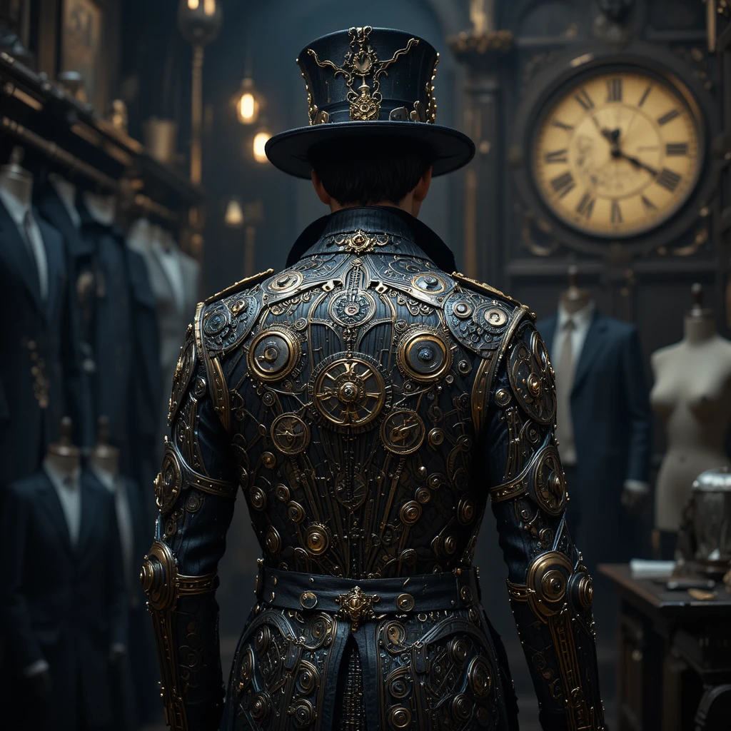 Alfaiate gótico com braço steampunk em oficina sombria