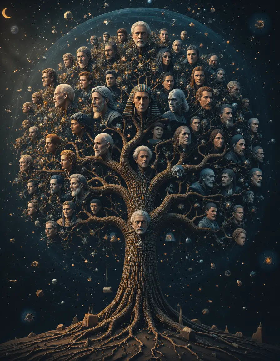 Pointillist human lineage tree with cosmic background