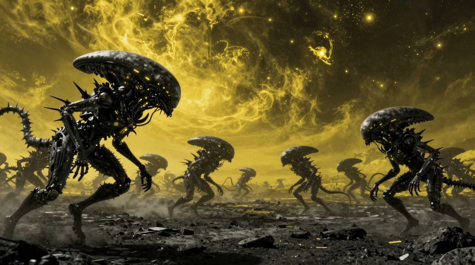 Nuée de criquets aliens fonçant à travers un désert sci‑fi sombre