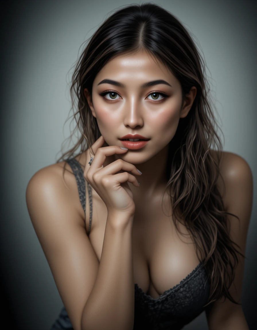 Close up portrait of an alluring asian woman in lace top
