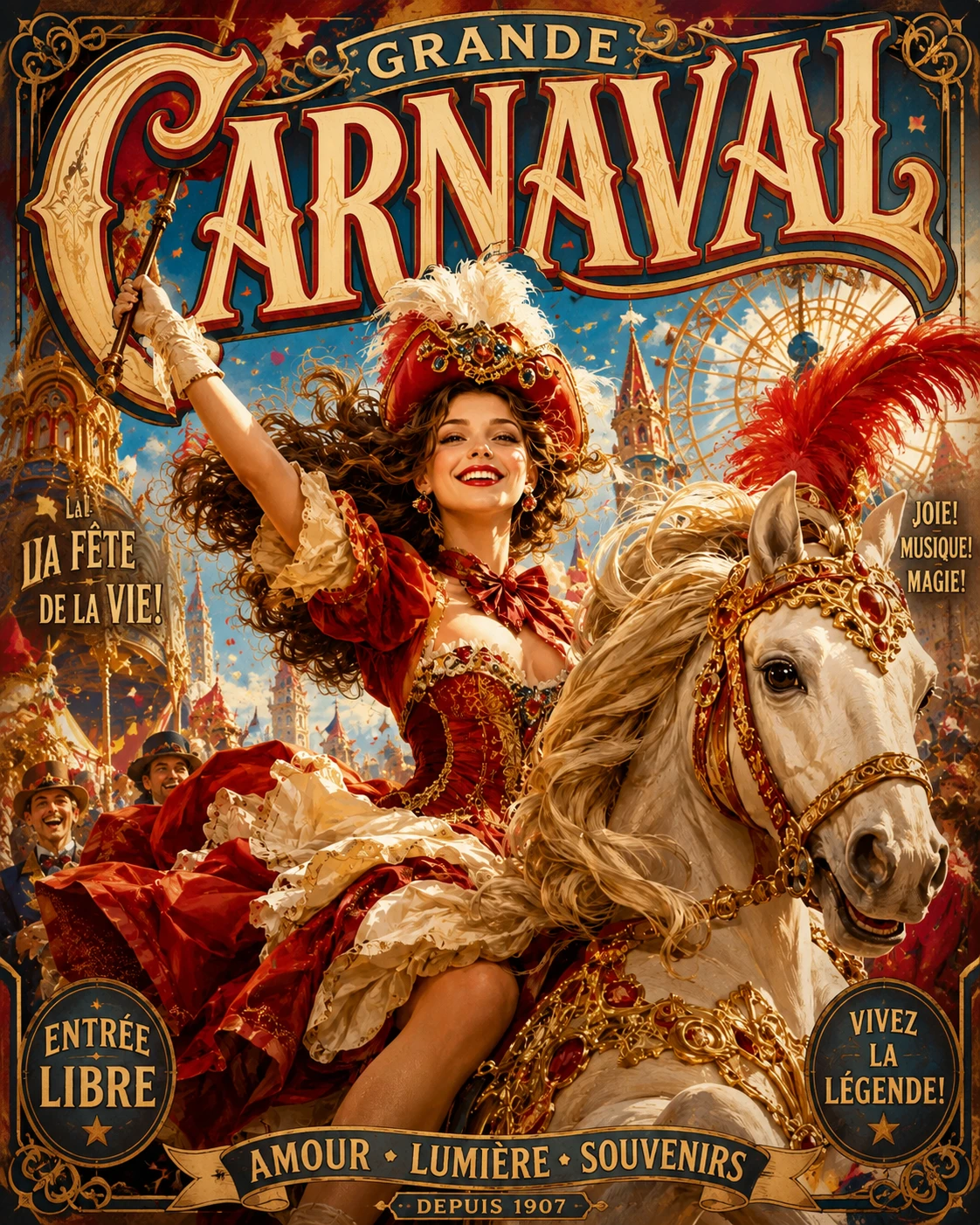 Pôster de carnaval fantasia colorido com energia dinâmica e alegre